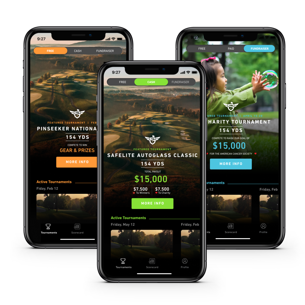 PinSeeker app showing golf tournaments and prize competitions on mobile