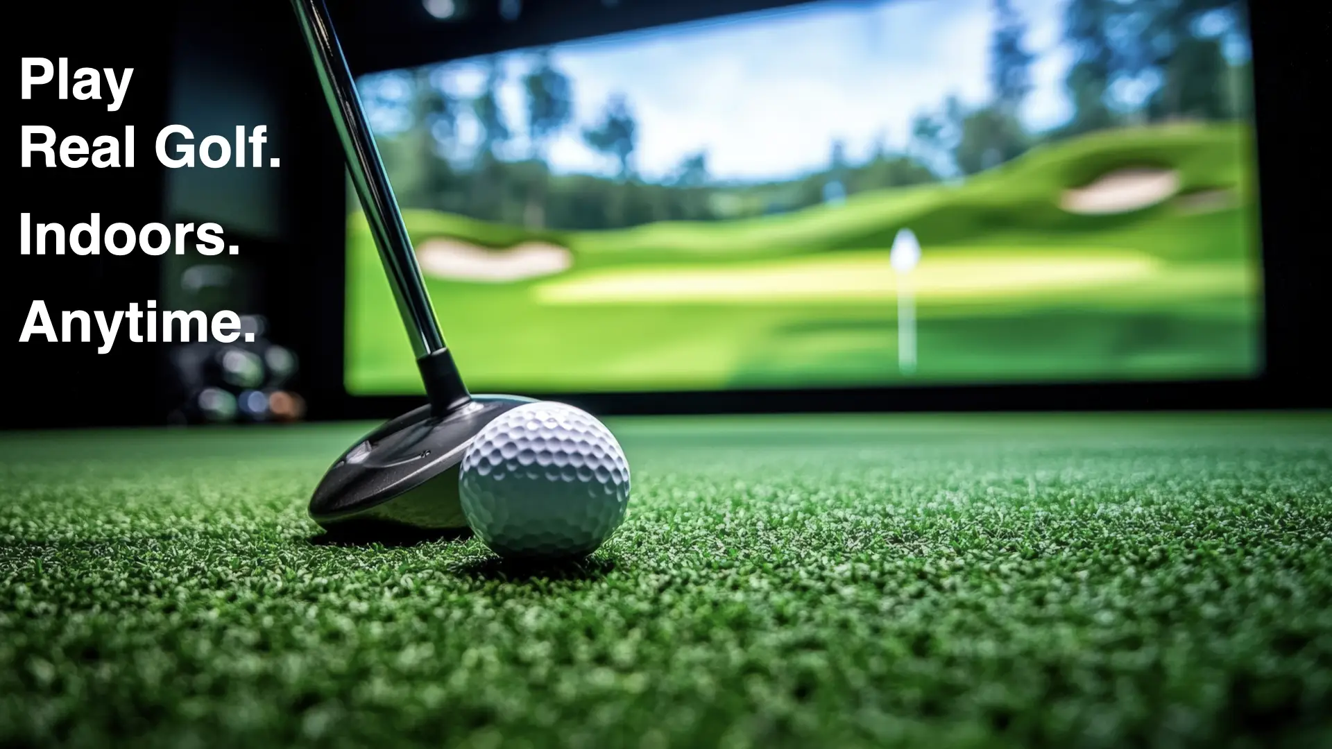 Close-up of a golf club and ball on an indoor simulator screen at SwingSpace Bhopal with text ‘Play Real Golf Indoors Anytime’.