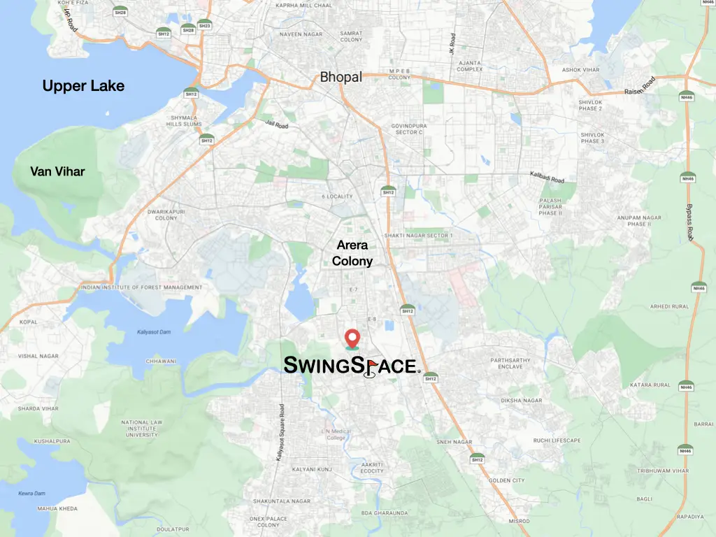 Map showing the location of SwingSpace indoor golf facility in Arera Colony, Trilanga, Bhopal, near Upper Lake and Van Vihar.