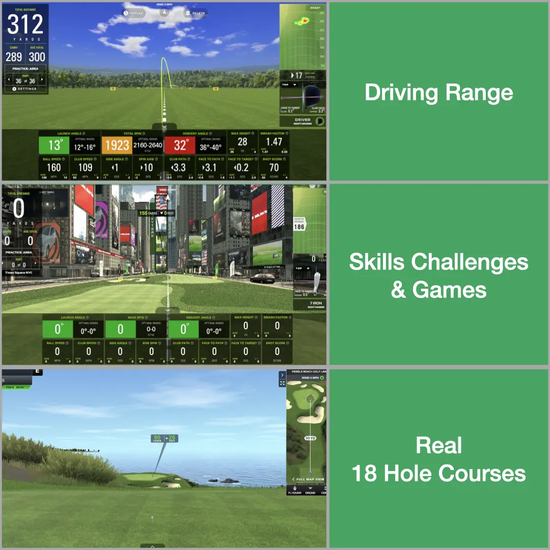 SwingSpace Bhopal virtual golf simulator showing three game modes — driving range, skills challenges and games, and real 18-hole golf courses.